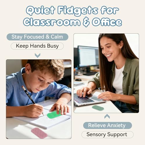 Silicone sensory calm strips attached to a laptop and phone case for office focus.