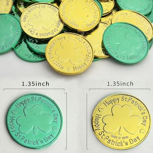Close up view of the double sided embossed three leaf clover design on gold and green leprechaun coins.