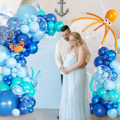 JOYFLOAT ocean theme birthday party backdrop setup with navy blue and orange balloon arch components