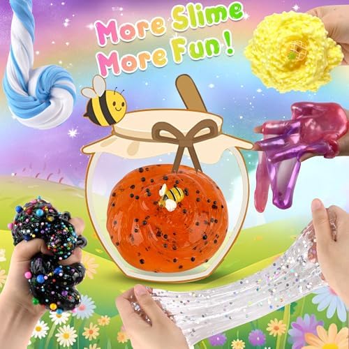 Fifteen individual slime containers featuring different vibrant colors and matching decorations