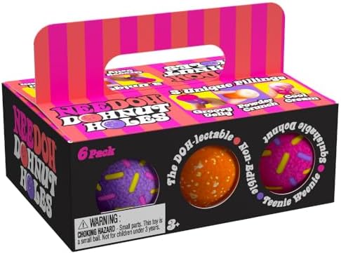 Close up of six assorted mini donut hole stress balls with faux sprinkles and powder textures.