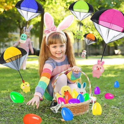 Vibrant nylon parachutes attached to mini festive figures for outdoor backyard play