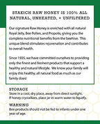 Stakich 40 Ounce bee pollen and royal jelly honey packaging
