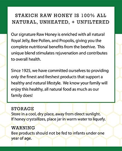 Stakich 40 Ounce bee pollen and royal jelly honey packaging