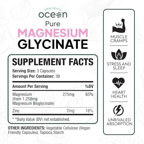 Organics Ocean chelated magnesium supplement with zinc bottle side panel indicating supplement facts and dosage instructions