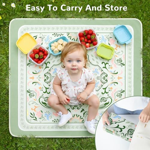 Unicorn Castle Green Floral baby mat spread out on the floor as a picnic blanket