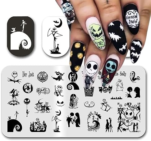 Demonstration of DIY nail stamping process with ghost and pumpkin motifs.