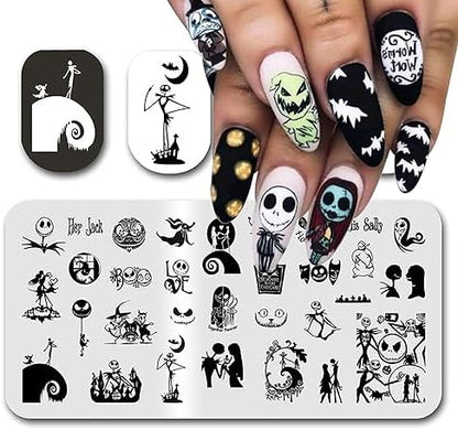 Demonstration of DIY nail stamping process with ghost and pumpkin motifs.