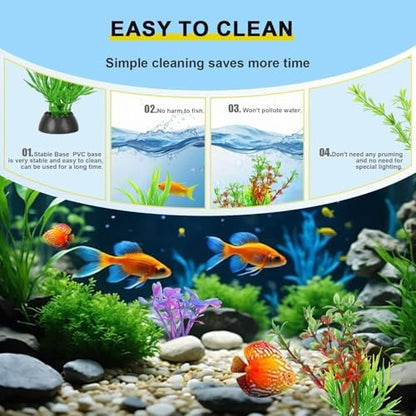 Colorful thirty piece artificial aquatic plant collection spread out on a white background