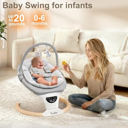 TimChic portable baby swing with hanging animal toys attached to the toy bar