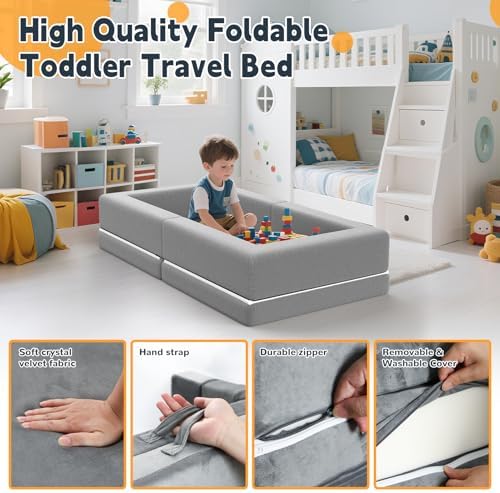 Close up view of the machine washable grey zipper cover on the Abdtech toddler bed