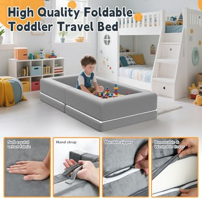 Close up view of the machine washable grey zipper cover on the Abdtech toddler bed