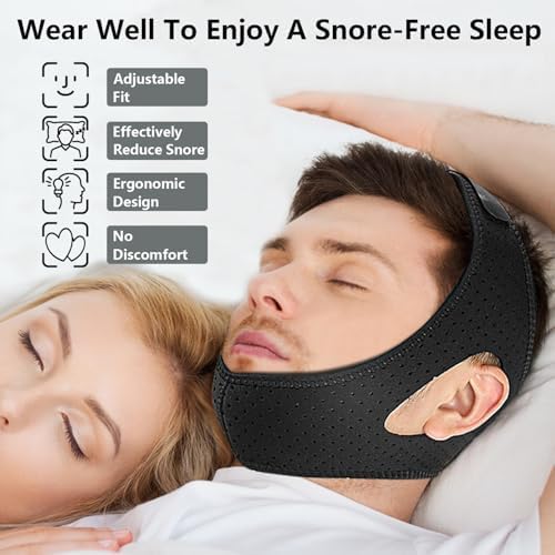 Breathable blue and black snoring reduction headband for men and women.