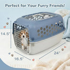 Blue and white plastic pet crate illustrating 360 degree ventilation grates