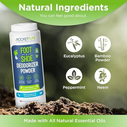 Rocket Pure natural shoe deodorizer powder for athlete gear and sneakers.
