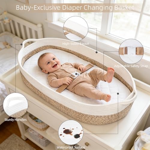 Folded premium cotton rope Moses basket changing mat showing travel portability and lightweight design