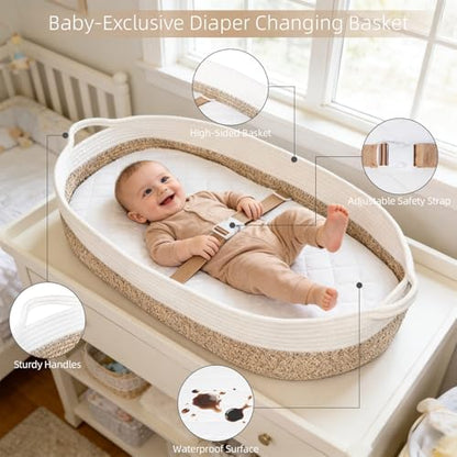 Folded premium cotton rope Moses basket changing mat showing travel portability and lightweight design
