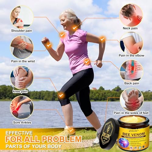 Close up of XRLXRL Bee Venom cream packaging showing joint therapy benefits