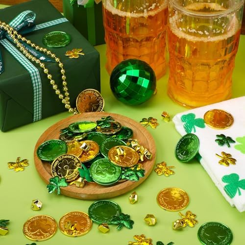 MARFOREVER leprechaun gold coins and sparkling green gems inside a glass decorative centerpiece bowl.