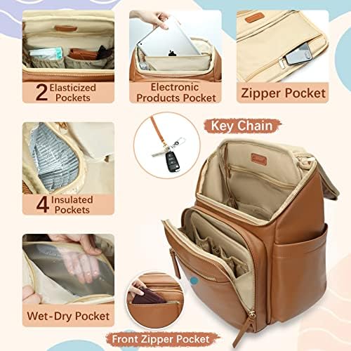Omanmoli vegan leather diaper backpack displayed with waterproof changing pad