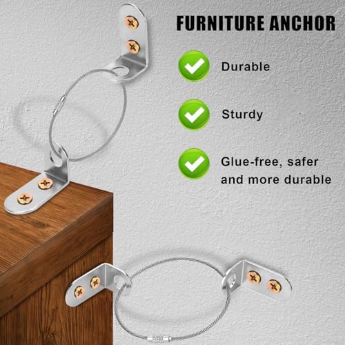 Heavy duty earthquake proof furniture straps attached securely to a wooden dresser