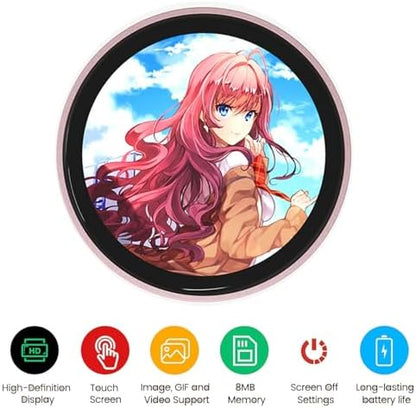App-controlled digital anime pin showing the lightweight PC material construction and magnetic backing.