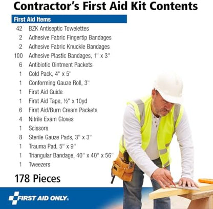 Open First Aid Only 9302-25M kit showing 178 pieces of medical supplies