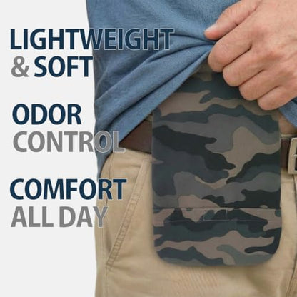 Kaiteky dark gray striped ostomy cover showing the elastic opening for bag insertion.