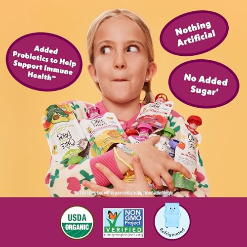 Once Upon a Farm cold pressed immunity blends four pack stored inside a refrigerator shelf