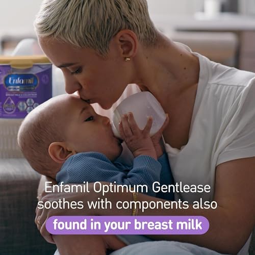Enfamil Optimum Gentlease packaging close up highlighting the easy to digest partially hydrolyzed proteins and DHA brain support.