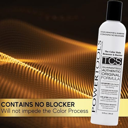 Powertools TCS 10 fluid ounce bottle next to hair dye application tools