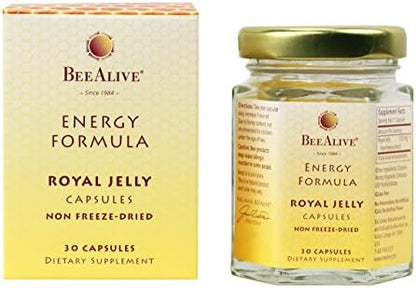 USA imported BeeAlive royal jelly 30 capsules packaging highlighting non freeze dried formula