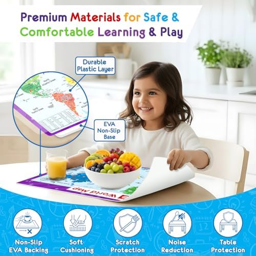 Back angle view displaying the non slip EVA foam backing of the Simply Magic kids learning placemat