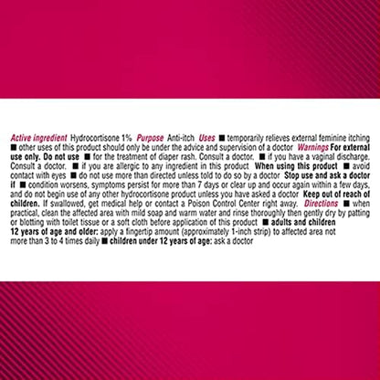 Back of Cortizone 10 Feminine Itch Relief packaging with drug facts and moisturizers.