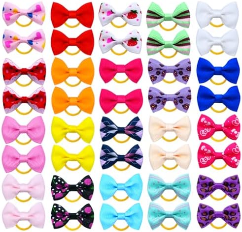 Close up of handmade ribbon puppy hair bows with rubber bands