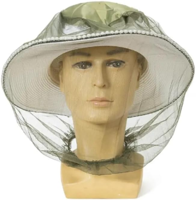 Fine mesh insect net cover worn over a bucket hat