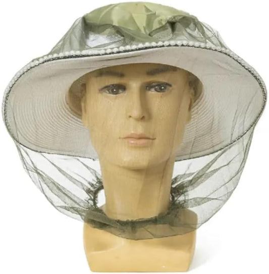 Fine mesh insect net cover worn over a bucket hat