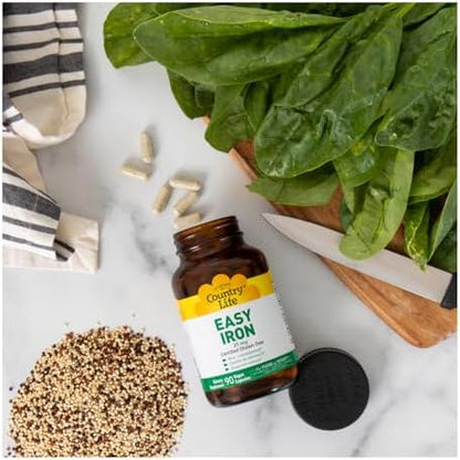 Authentic USA imported Country Life Easy Iron 90 vegan capsules display for daily energy support