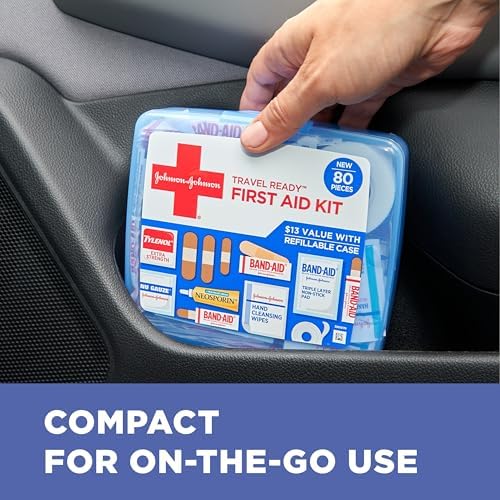 Band-Aid brand travel ready kit showing assorted adhesive bandages and gauze.