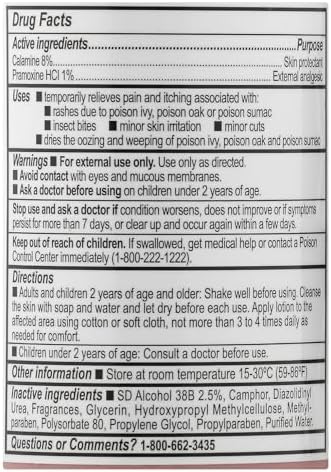 Back label of Leader Calamine Plus lotion with drug facts and application instructions