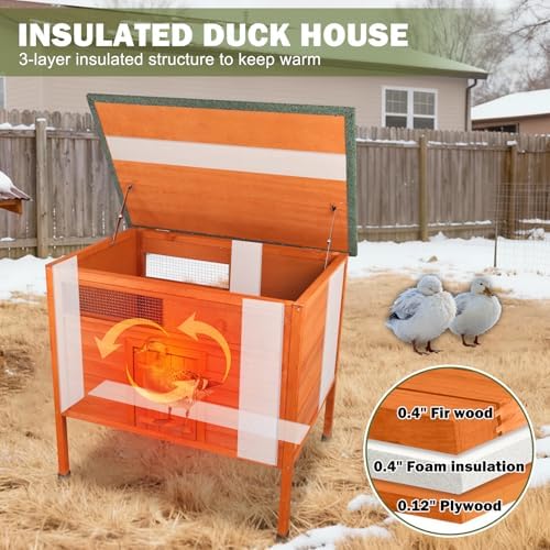 Insulated Duck Coop Warm Duck House for Outside Wooden Duck House with Larger Windows, Chicken coop with Perches, Ramp, Openable Roof - Image 4
