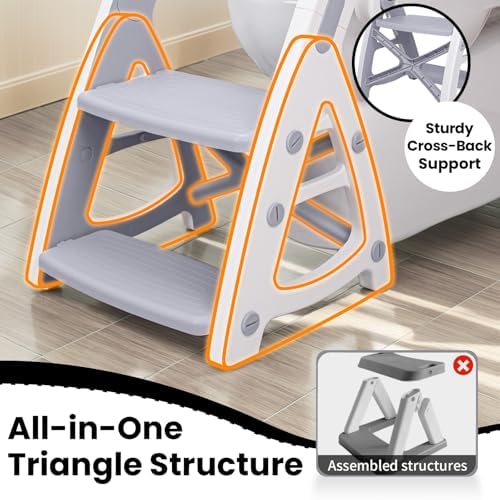 Primlect toddler toilet trainer showing the adjustable non-slip pedal and grey cushion.
