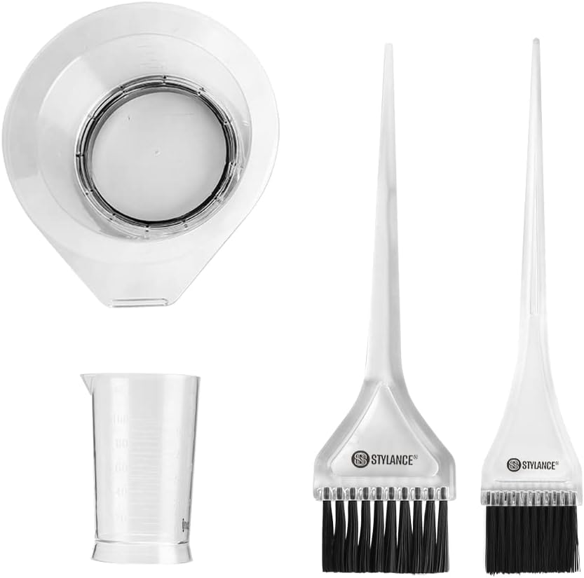 STYLANCE professional hair dye kit front view showcasing the clear plastic mixing bowl and applicator brushes.