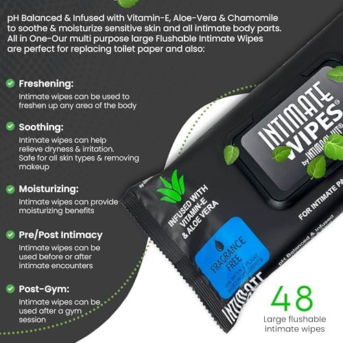 Large hygiene wipes by Intimacy Kit with Vitamin E and Aloe Vera ingredients displayed