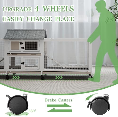 Extra Large 2-Story Rabbit Hutch Indoor and Outdoor with Dual Run Areas for 2-6 Rabbits & Guinea Pig, Wooden Bunny Hutch with 4 Pull-Out Trays, 2 Chew-Proof Ramps, Asphalt Roof, 8 Lockable Wheels - Image 3