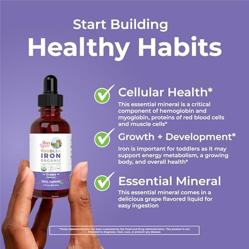 USDA Organic and Vegan certified labels on MaryRuth Organics kids iron supplement packaging