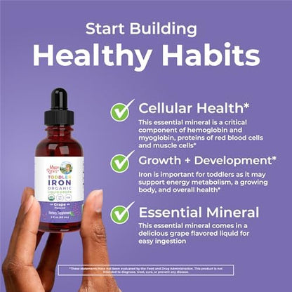 USDA Organic and Vegan certified labels on MaryRuth Organics kids iron supplement packaging