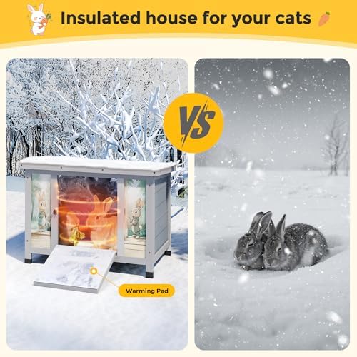 Coziwow 25" Insulated Cat House Bunny Hutch for Outdoor & Indoor Use - Solid Wood Rabbit Cage with Winter Warm Liner, Lightweight Weatherproof Shelter for Cats, Rabbits, Small Animals (Gray) - Image 6