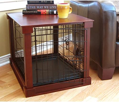 Close up view of the black steel wire cage interior and the mahogany wood panel framework