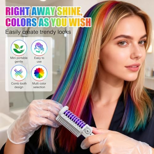 Girl applying bright temporary color with hair chalk comb